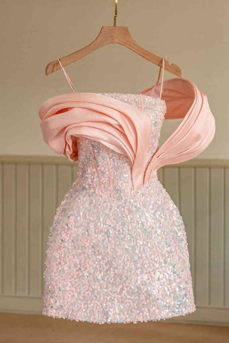 Robe de soirée courte rose à bretelles chics et sequins, DS4583