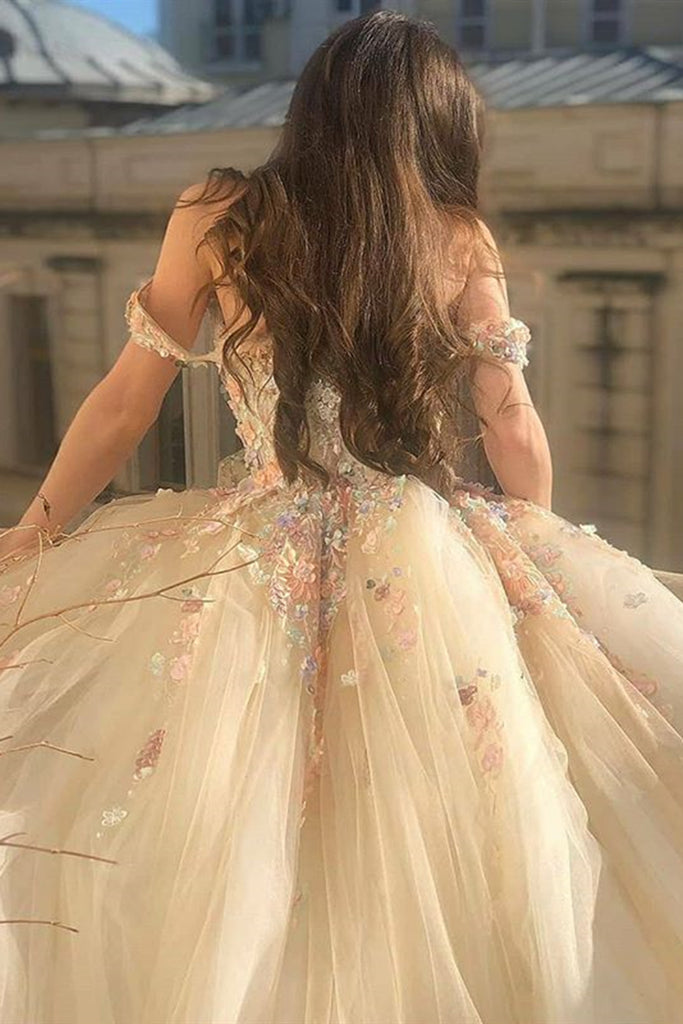 Gorgeous Off Shoulder Champagne Lace Floral Prom Dress, Long 3D Flower Champagne Formal Evening Dress, Champagne Ball Gown,DS4350