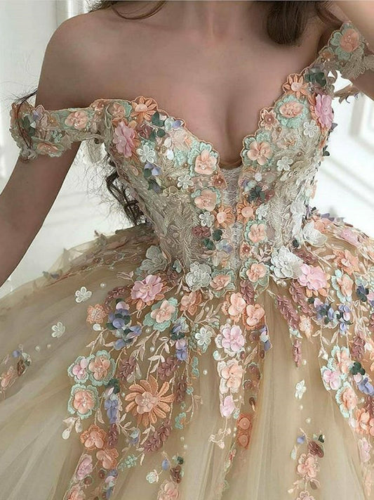 Superbe robe de bal longue à épaules dénudées et dentelle champagne à fleurs, robe de soirée champagne à épaules dénudées et à fleurs, DS4363