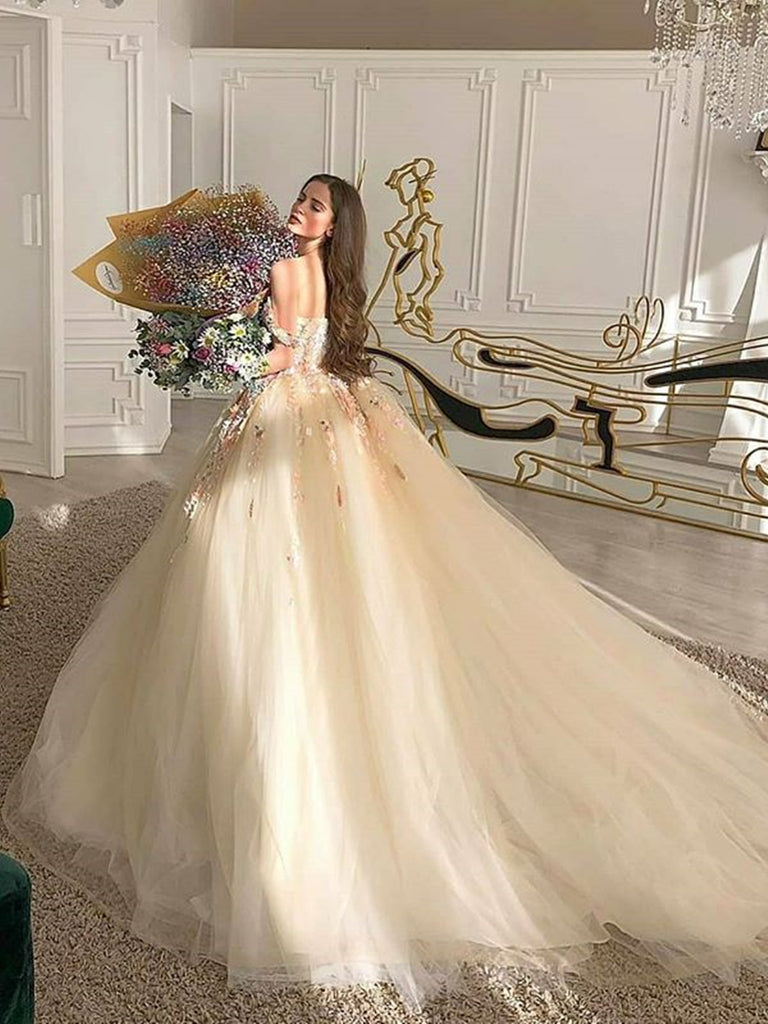 Gorgeous Off Shoulder Long Champagne Lace Floral Prom Dresses, Off Shoulder Champagne Formal Dresses, Floral Evening Dresses,DS4363