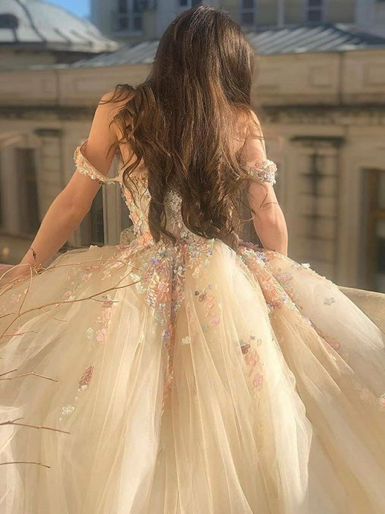 Gorgeous Off Shoulder Long Champagne Lace Floral Prom Dresses, Off Shoulder Champagne Formal Dresses, Floral Evening Dresses,DS4363