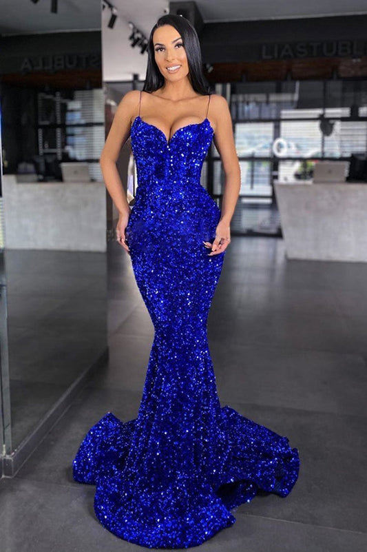 Sweetheart Mermaid Style Royal Blue Sequins Velvet Long Dresses Formal Evening Gown ,DS2747