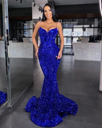 Robe de soirée longue en velours bleu roi à paillettes style sirène, DS2747