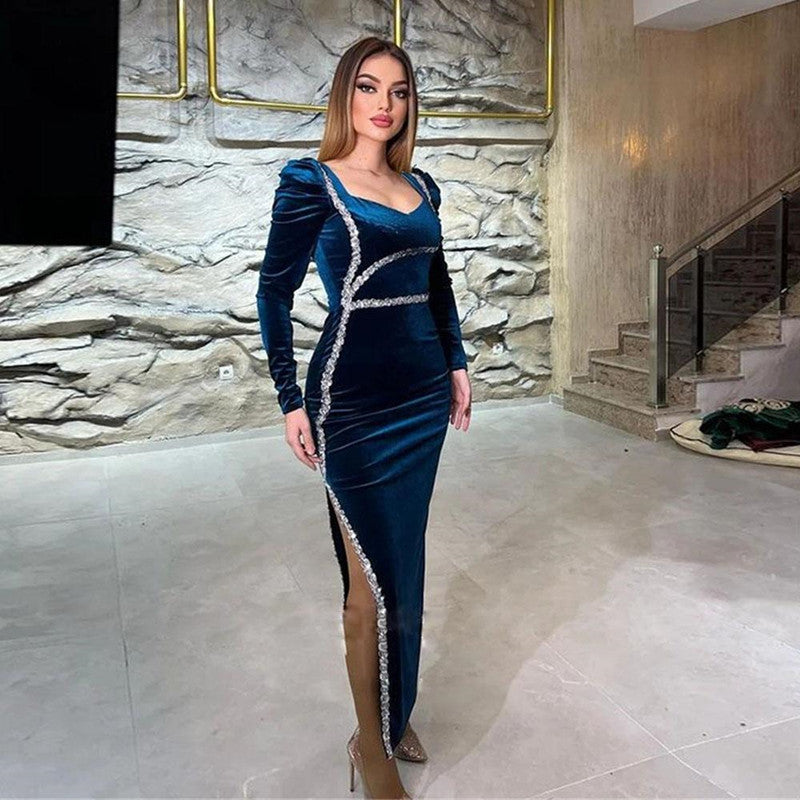 Long Sleeves Evening Dresses Velvet Mermaid Side Split Sexy Vestidos De Novia Square Neck Cocktail Party Prom Gowns,LW042