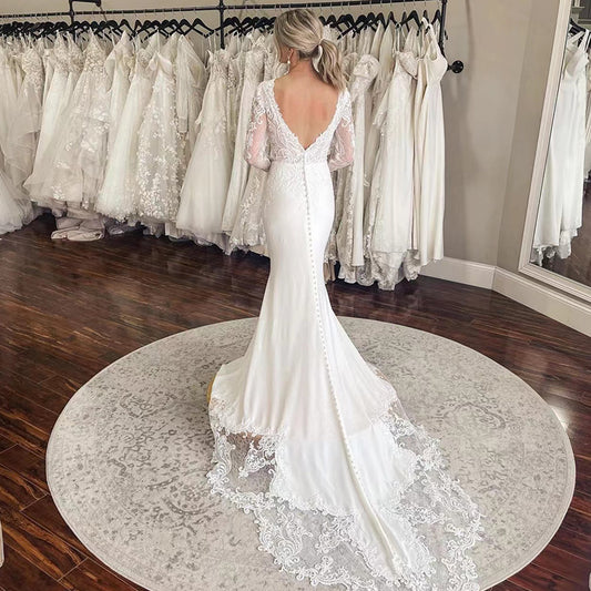 Robe de mariée sirène sexy dos nu avec boutons, décolleté en V profond, manches longues et appliques en dentelle, LW047