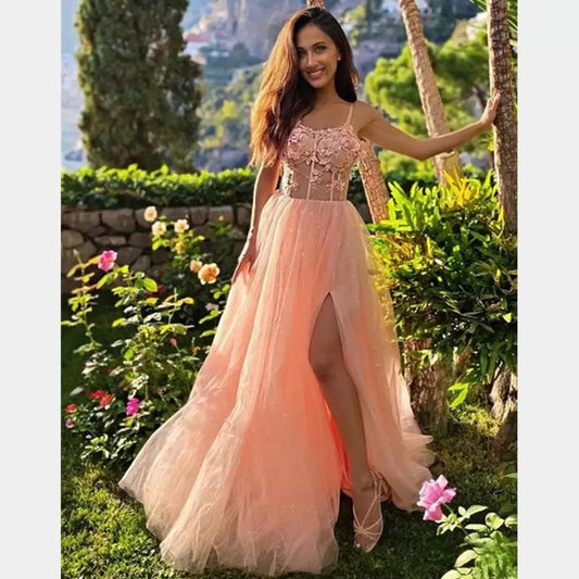Glitter Tulle Long Prom Dresses Side Split A Line Bride Party Evening Cocktail Women Wear Bead Handmade Flower Vestidos De Novia,LW049