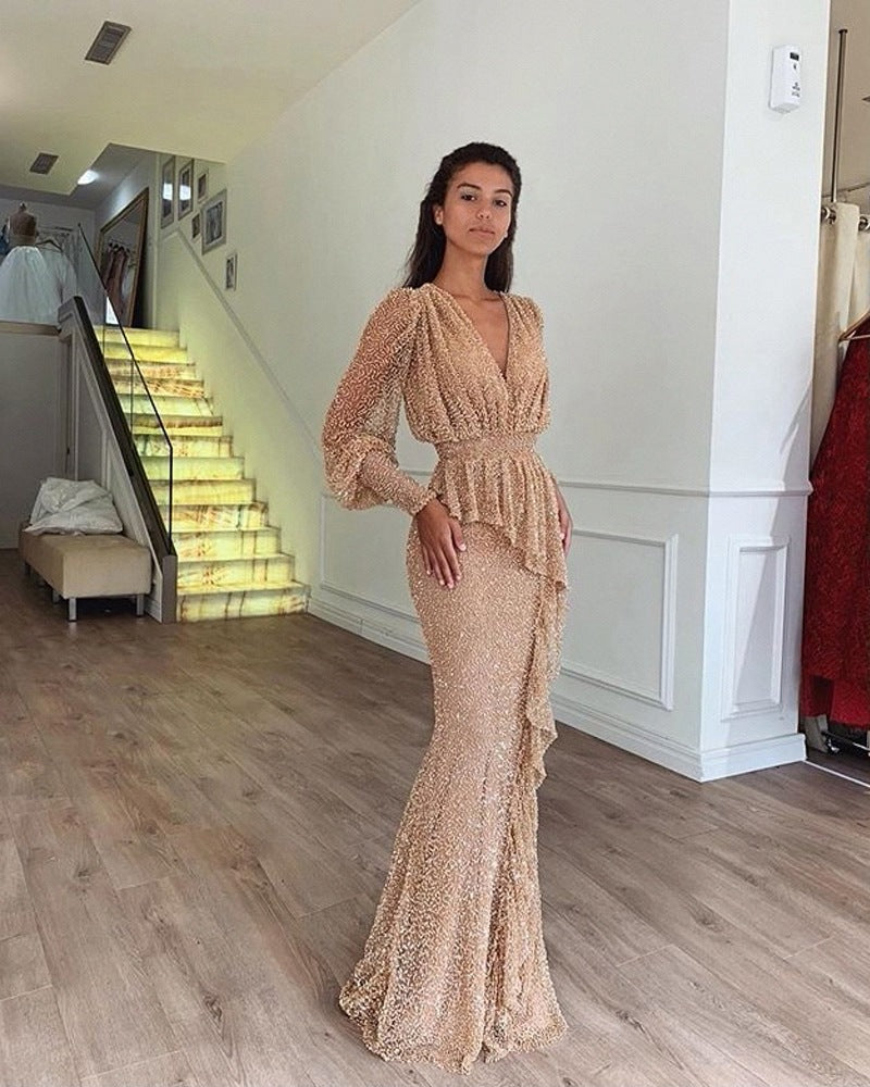 Robe longue brillante à manches longues et découpes irrégulières, BD1486