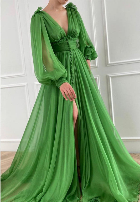 Green Sexy V Neck Long Sleeve Chiffon Evening Party Dresses,DS2746