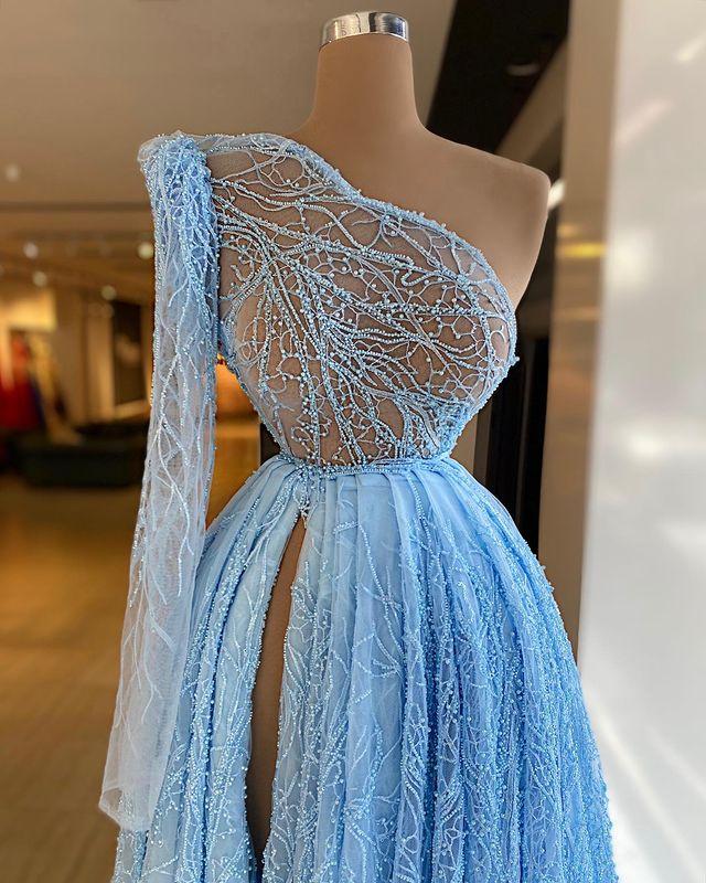 Blaue One-Shoulder Sexy Ballkleider Günstig | Ärmelloses Langes Abendkleid, DS4028