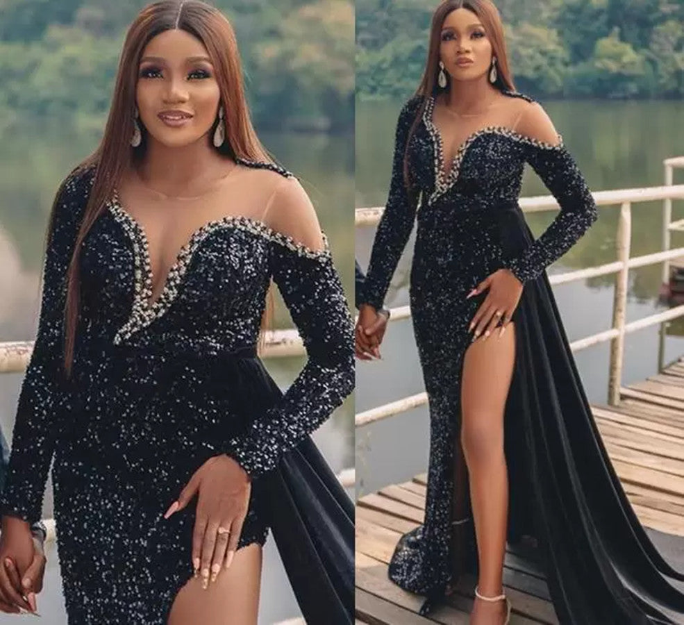 Robe sirène noire à paillettes, fendue sur le côté, sexy, pour soirée, col transparent, manches longues, robe de bal avec traîne amovible, LW043