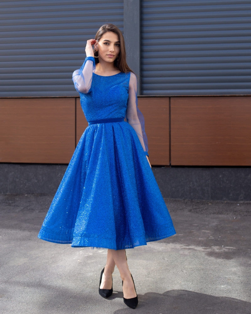 Light Royal Blue Tea Length Prom Dresses Scoop Neck Long Sleeves Homec DSProm Light Royal Blue Tea Length Prom Dresses Scoop Neck Long Sleeves Homec DSProm