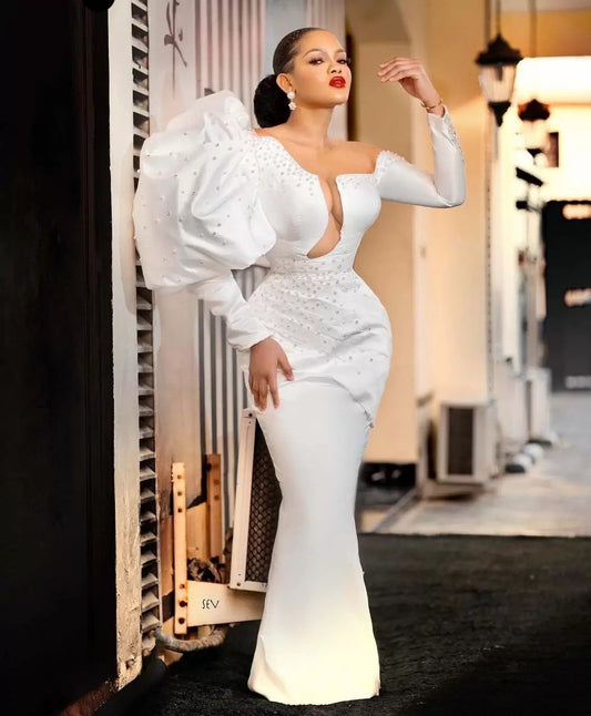 Robe de mariée sirène sexy, col transparent, manches longues bouffantes, fendue et perlée, tenue de soirée formelle, LW038