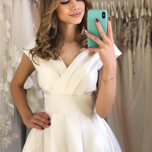 Robe de mariée longue à manches courtes, col en V, froncée, fendue sur le côté, dos nu, sexy, LW065