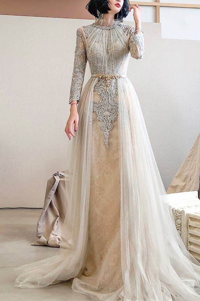 High Neck Light Champagne Long Sleeves Evening Dress,DS3491