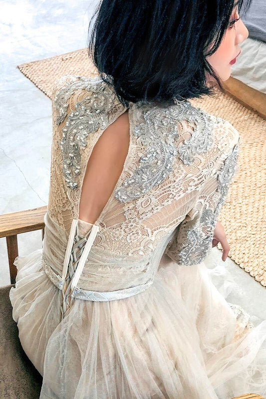 High Neck Light Champagne Long Sleeves Evening Dress,DS3491