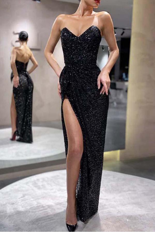 Robe de bal sirène bustier noire à paillettes, DS3277
