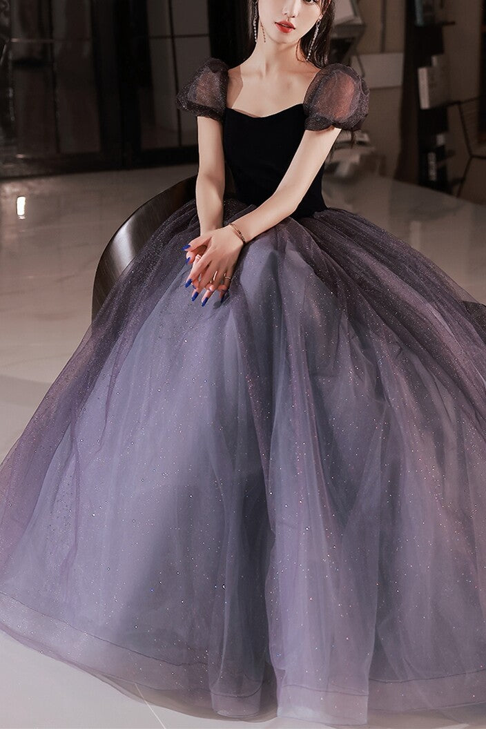 Navy Blue A-line Short Puffy Sleeves Princess Long Dress,DS3472