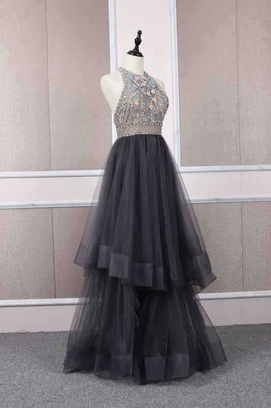 Unique tulle beads long prom dress tulle long evening dress,DS2365