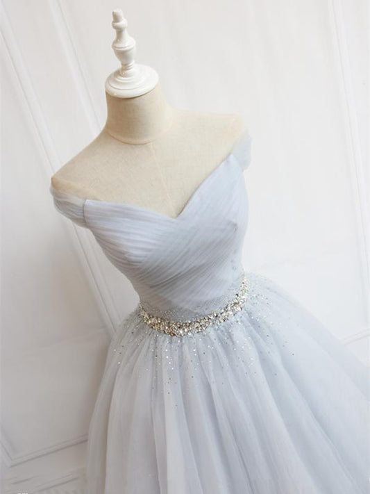 Off the Shoulder Short Gray Prom Dresses with Coset Back, Short Beaded Gray Graduation Homecoming Dresses,DS3082