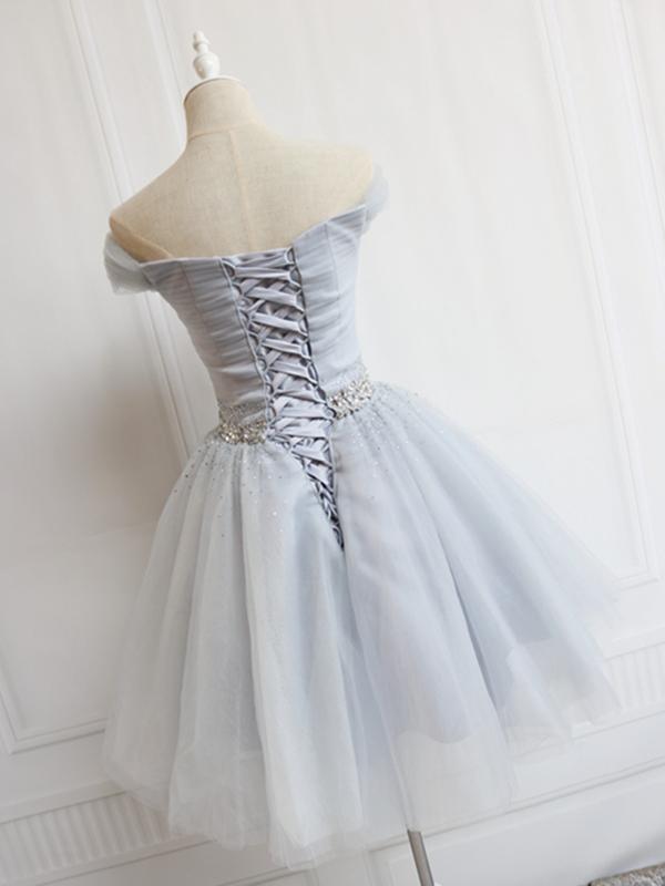 Off the Shoulder Short Gray Prom Dresses with Coset Back, Short Beaded Gray Graduation Homecoming Dresses,DS3082