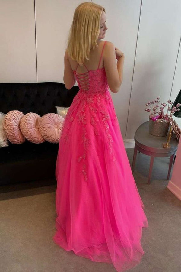 Hot Pink A Line Tulle Lace Appliques Long Prom Dresses, Formal Graduation Evening Dresses,DS4558