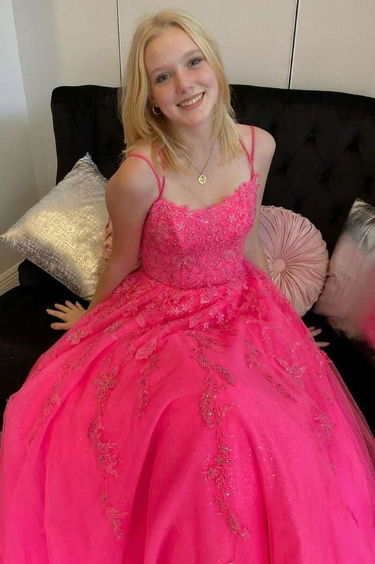 Hot Pink A Line Tulle Lace Appliques Long Prom Dresses, Formal Graduation Evening Dresses,DS4558