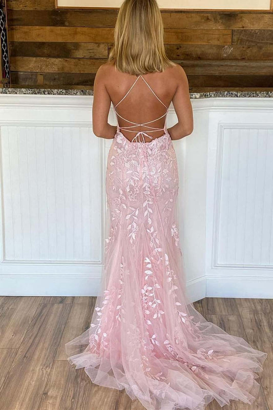 Pink Appliques Mermaid Long Prom Dress,DS4523