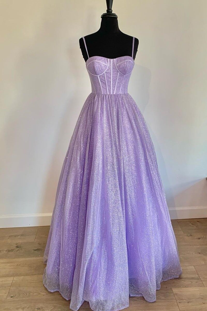 Robe de bal longue trapèze à bretelles style princesse lilas, DS3480