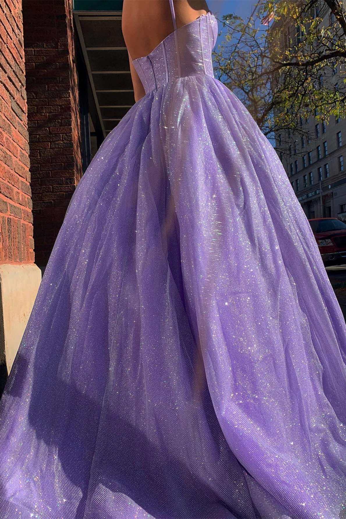 Robe de bal longue trapèze à bretelles style princesse lilas, DS3480