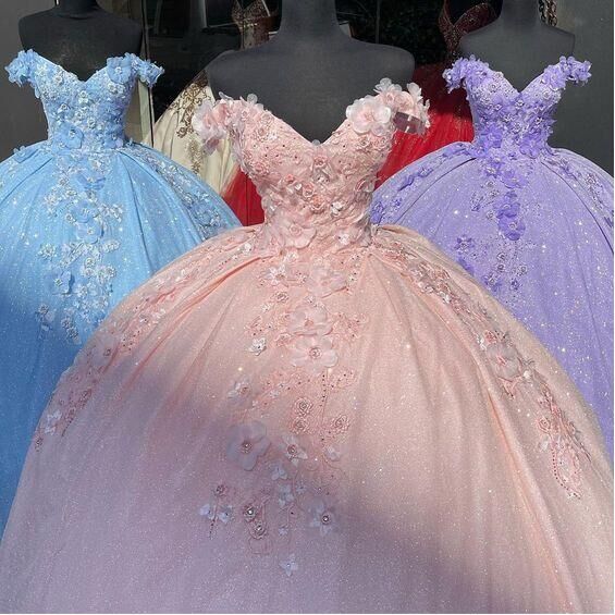 tulle princess off shoulder long formal prom dress, long strapless pink flower appliqués evening dress,DS4569
