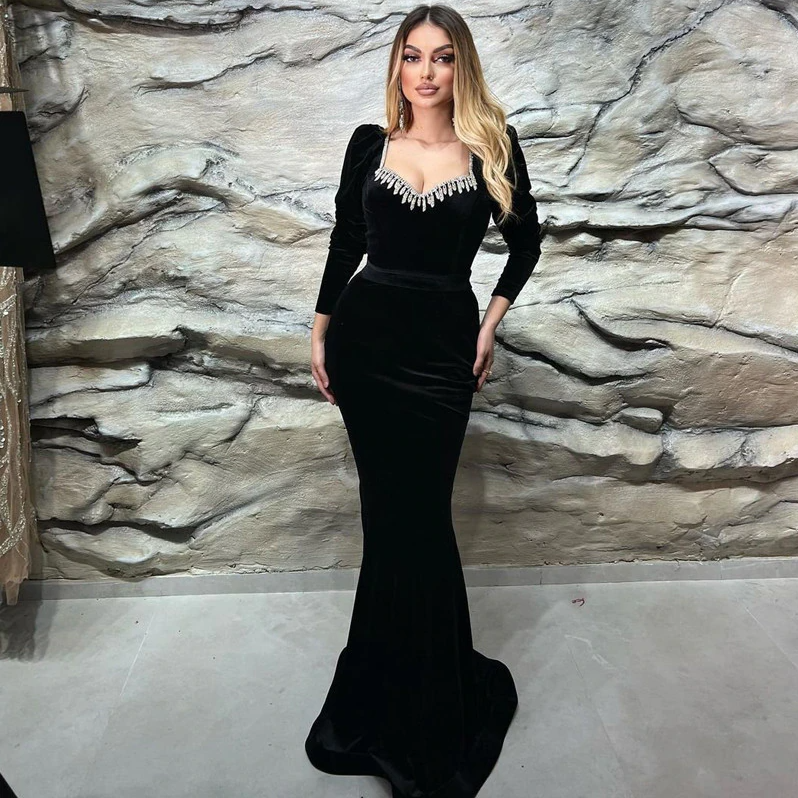 Robe de soirée sirène noire en velours doux pour femmes, col carré, manches longues, perles, robe de mariée, robe de bal trompette, 2022, LW011