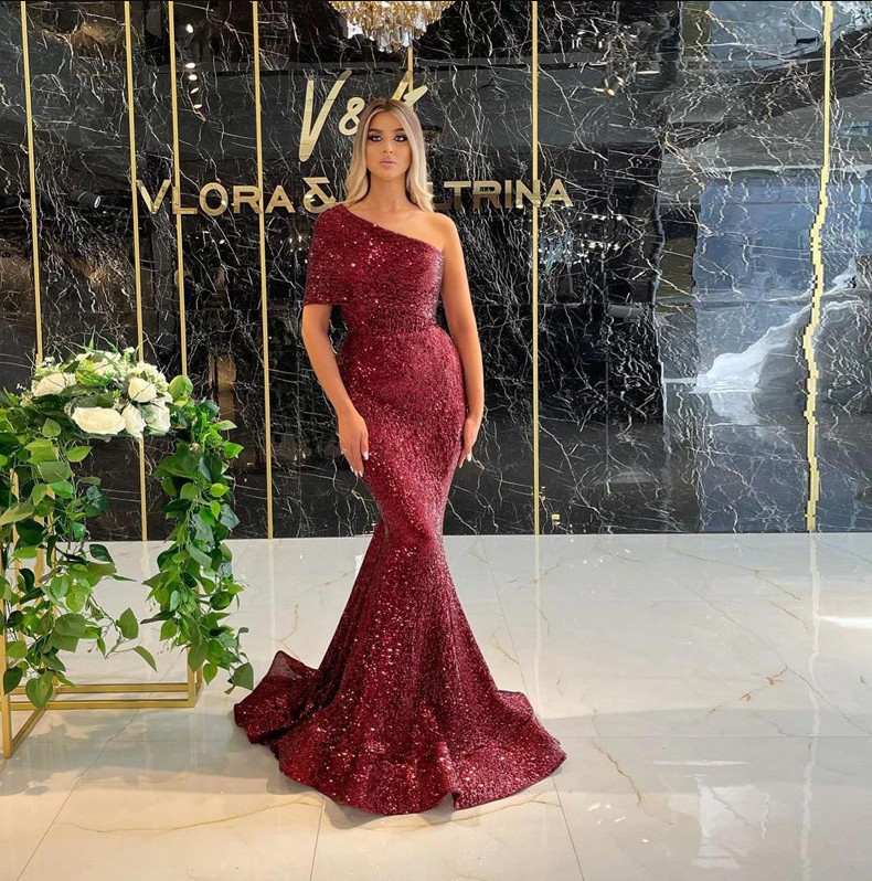Robe de soirée sirène bordeaux pailletée, asymétrique, manches courtes, style trompette, pour femme, 2022, LW031