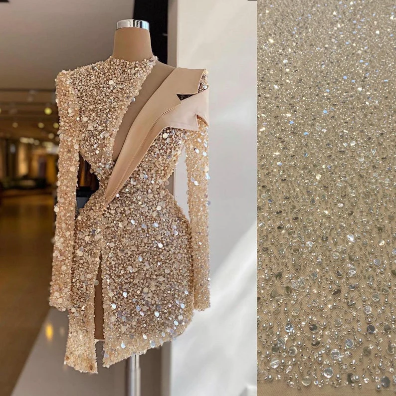Schwere Perlen Champagner Kurze Ballkleider Langarm Frauen Dubai Abend Cocktail Party Kleider Homecoming Kleid, DH002