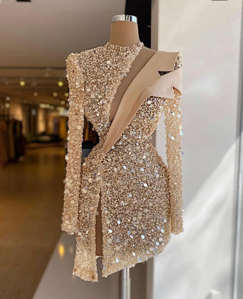 Schwere Perlen Champagner Kurze Ballkleider Langarm Frauen Dubai Abend Cocktail Party Kleider Homecoming Kleid, DH002