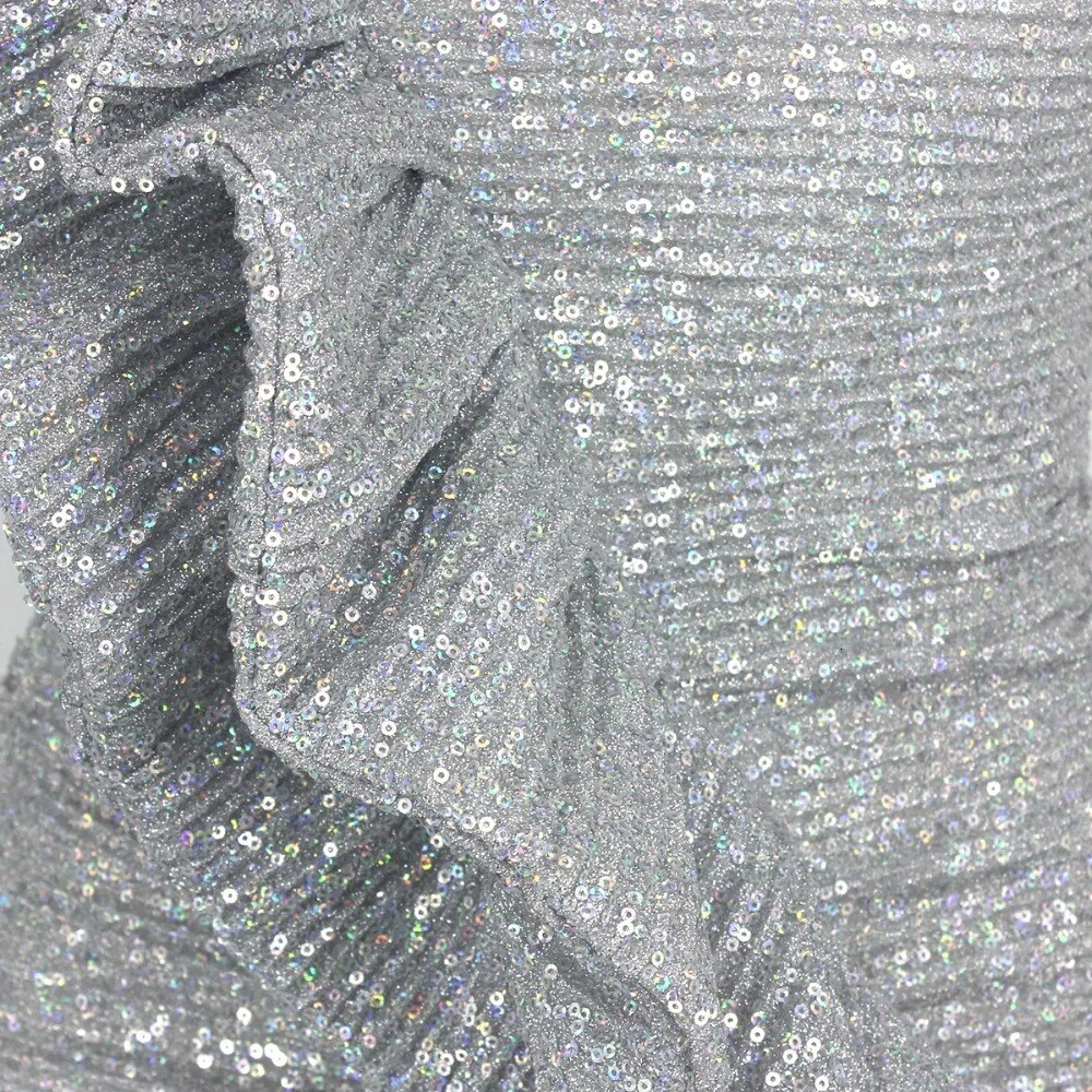 Robe de soirée courte bustier gris argenté à volants latéraux, DH0006