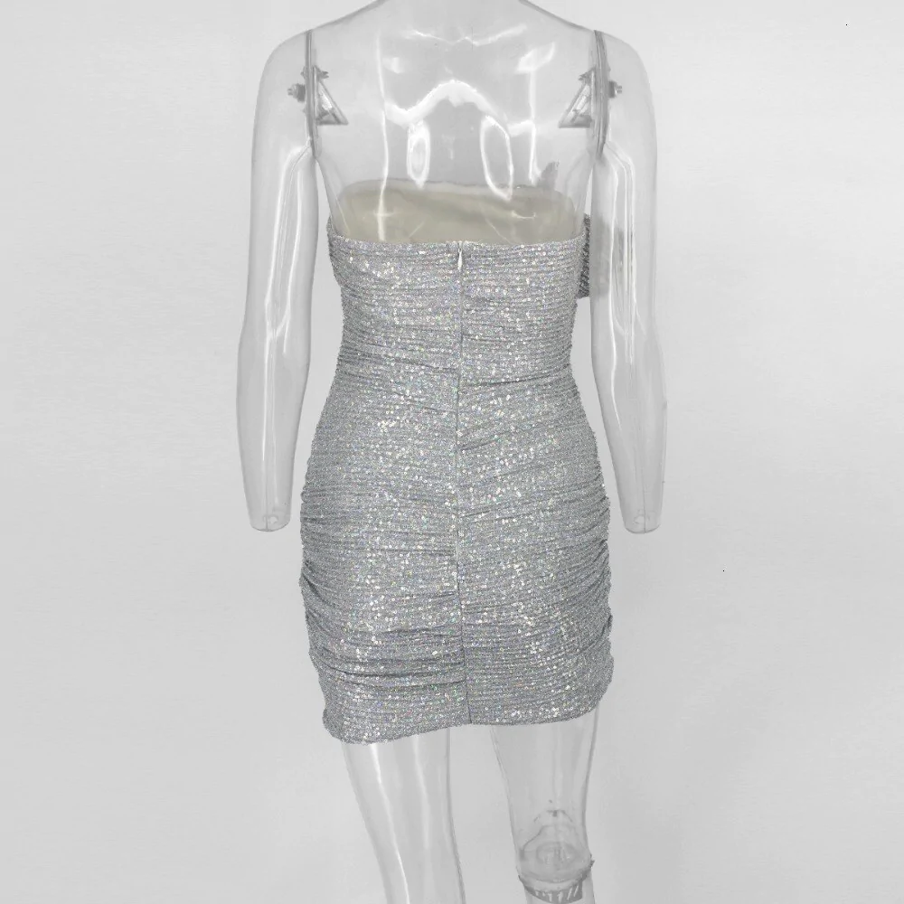 Robe de soirée courte bustier gris argenté à volants latéraux, DH0006