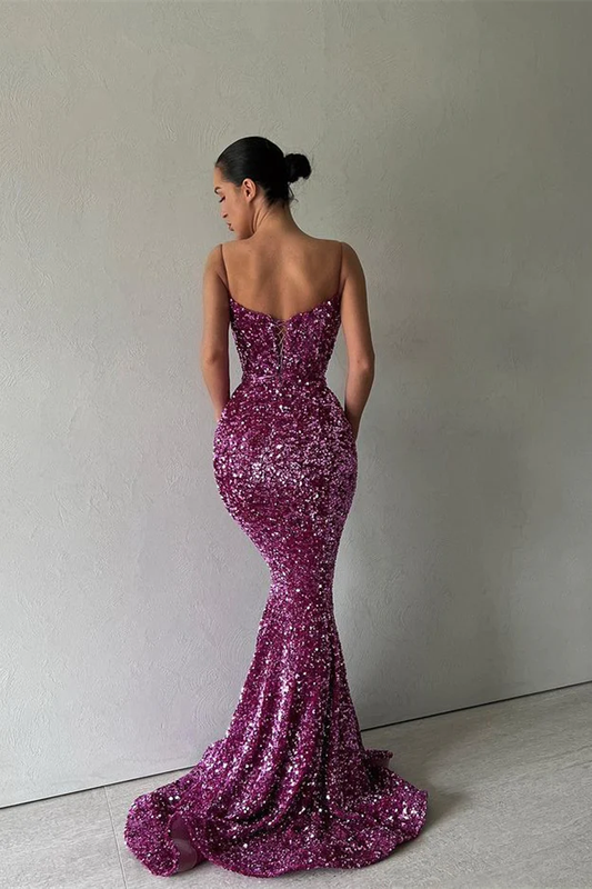 ROBE DE BAL LONGUE SIRÈNE À PAILLETTES ET BRETELLES SPAGHETTI VIOLET SCINTILLANT, DS4594
