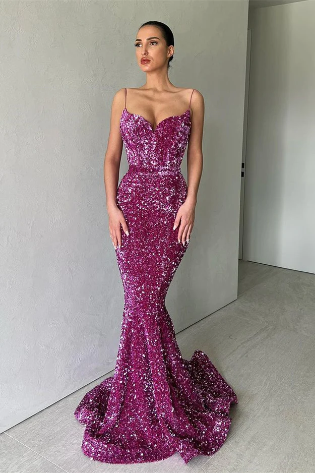 ROBE DE BAL LONGUE SIRÈNE À PAILLETTES ET BRETELLES SPAGHETTI VIOLET SCINTILLANT, DS4594