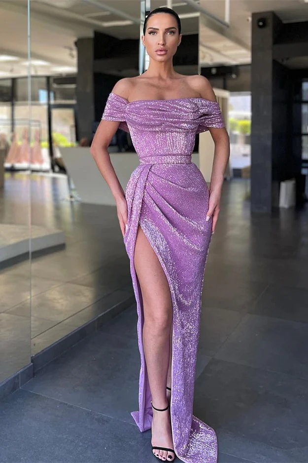ROBE DE BAL LILAS À ÉPAULES DÉNUDÉES ET À PAILLETTES, LONGUE AVEC FENTE, EQ9668