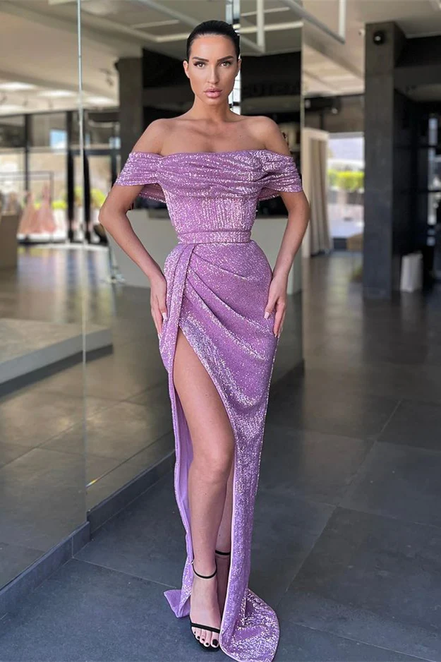 ROBE DE BAL LILAS À ÉPAULES DÉNUDÉES ET À PAILLETTES, LONGUE AVEC FENTE, EQ9668
