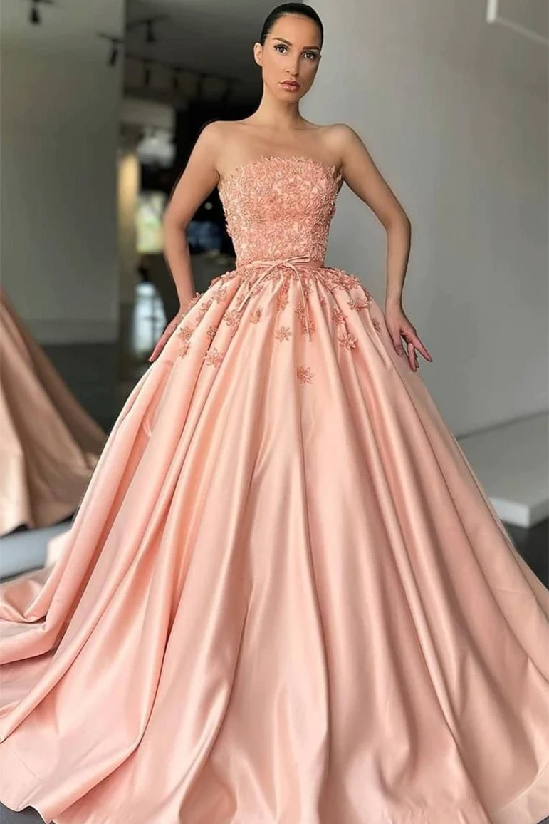 Ballkleid, trägerlos, mit Spitzenapplikationen, bodenlang, ärmellos, Ballkleid, EQ9667