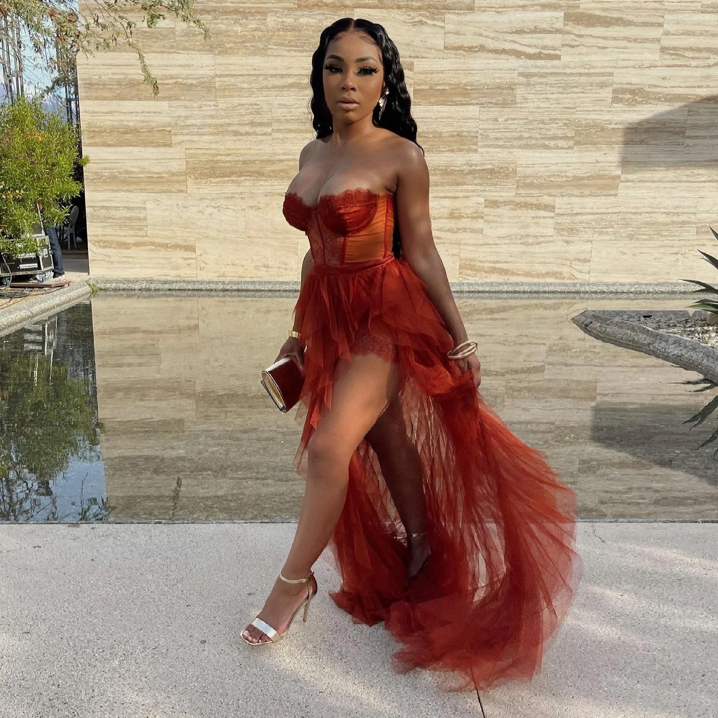 Sexy Ballkleid, trägerlos, ärmellos, Spitze, Tüll, Rüschen, hoher Schlitz, Übergröße, Homecoming-Party, Cocktailkleid, EQ9657