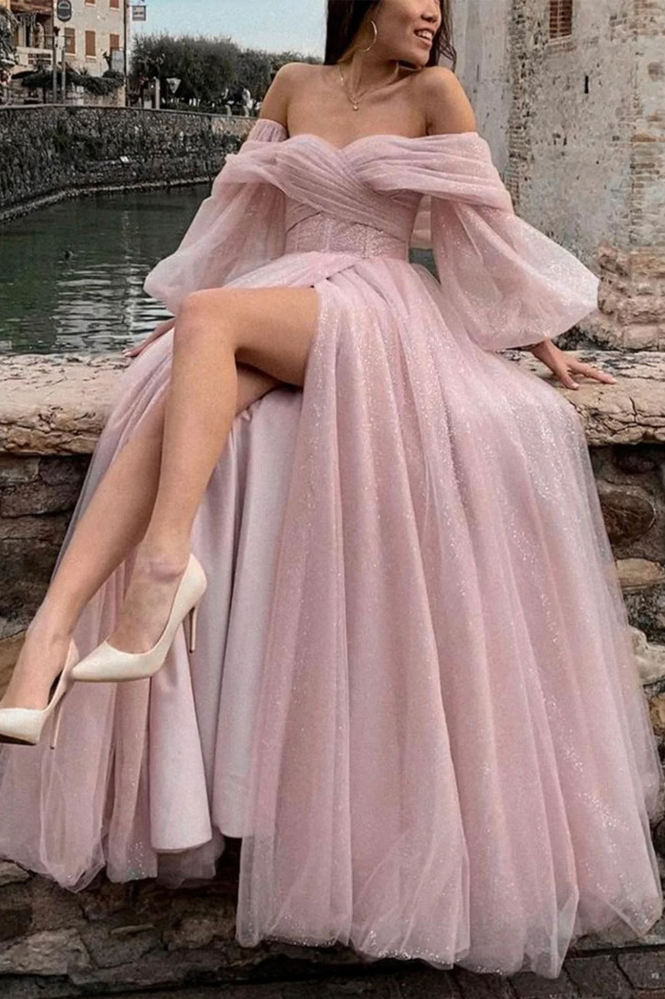 Robe de soirée longue en tulle rose à paillettes, coupe trapèze, WD5742