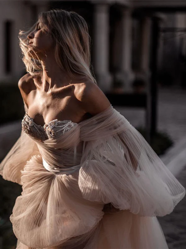 Elegantes, schulterfreies, herzförmiges A-Linien-Ballkleid aus Tüll, lang, WD5743