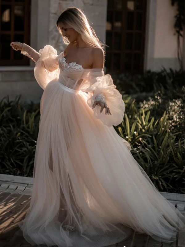 Elegantes, schulterfreies, herzförmiges A-Linien-Ballkleid aus Tüll, lang, WD5743