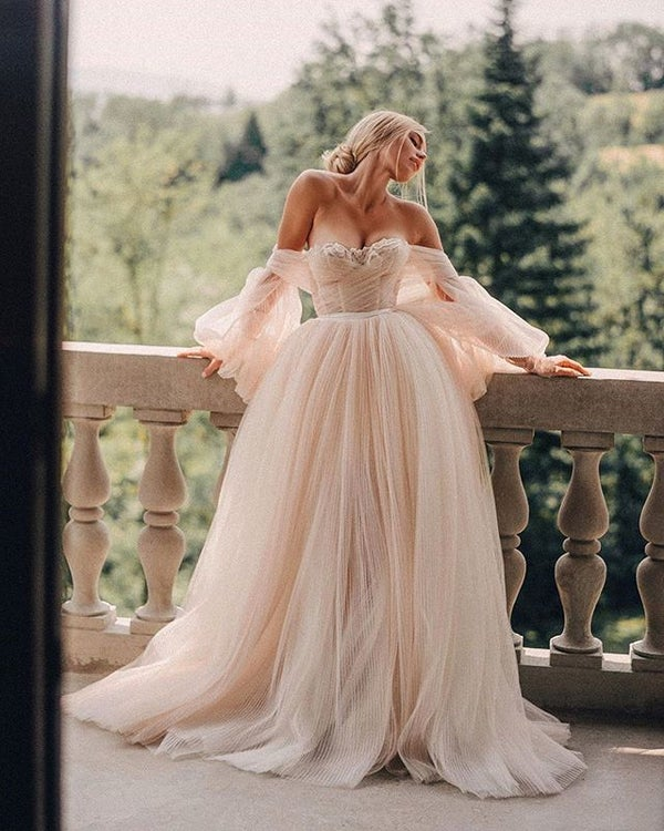 Elegantes, schulterfreies, herzförmiges A-Linien-Ballkleid aus Tüll, lang, WD5743