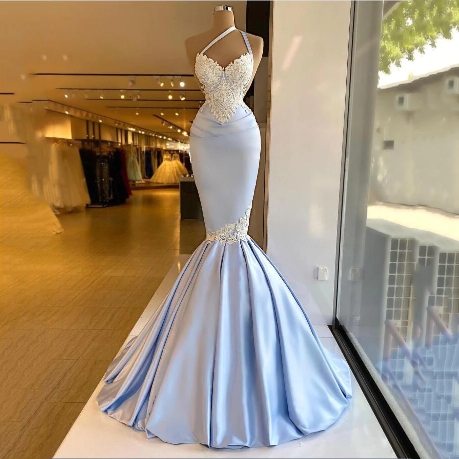 Hellblaues Meerjungfrau-Abendkleid, sexy, eine Schulter, mit Applikationen, weicher Satin-Fischschwanz, Ballkleid, langes Partykleid in Übergröße, WD5762