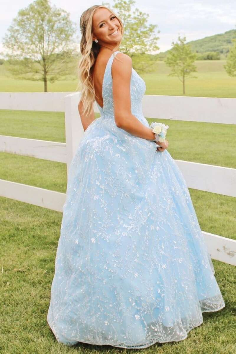 Robe de bal princesse bleu clair en dentelle, décolleté en V, dos nu, coupe trapèze, WD5763
