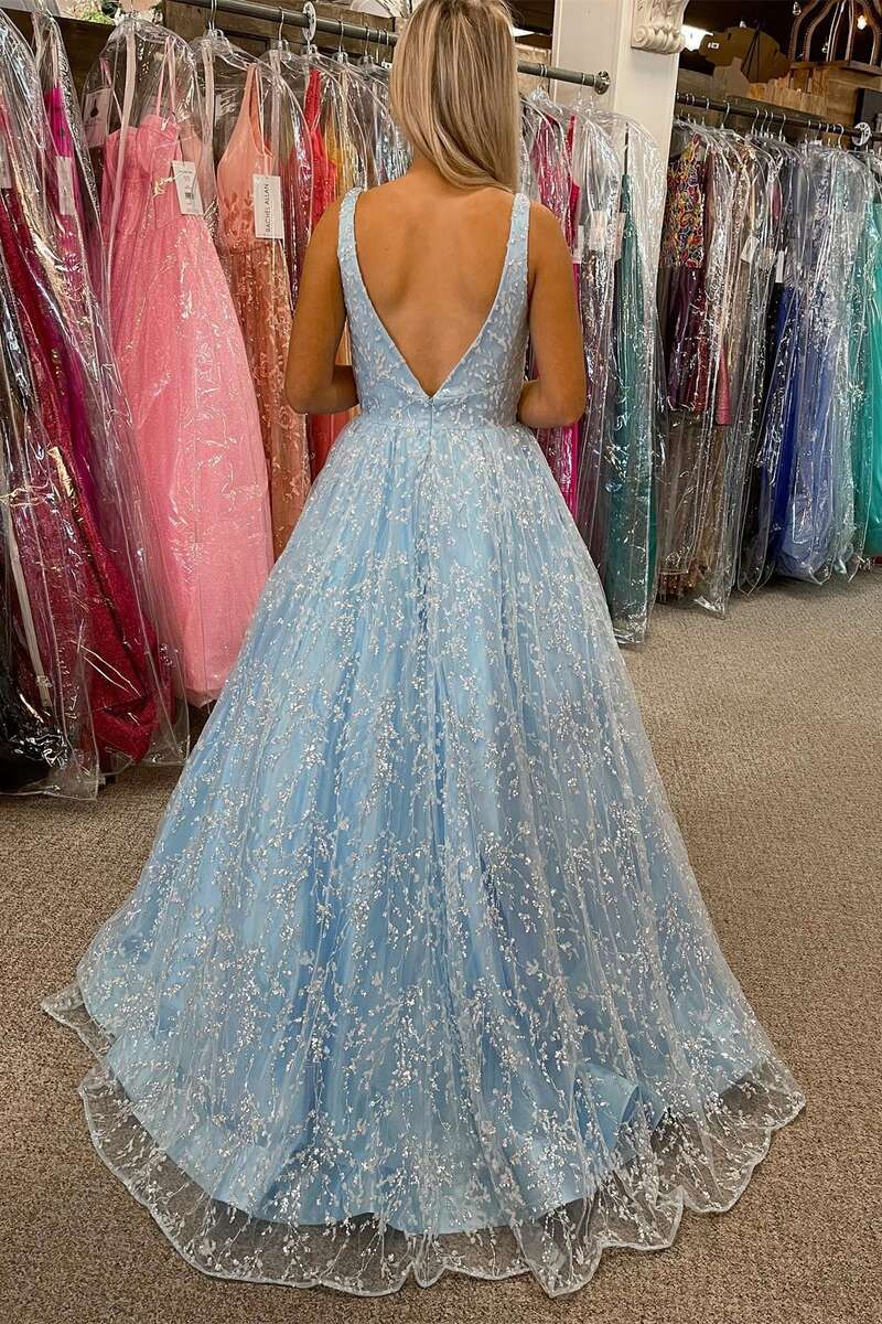 Robe de bal princesse bleu clair en dentelle, décolleté en V, dos nu, coupe trapèze, WD5763