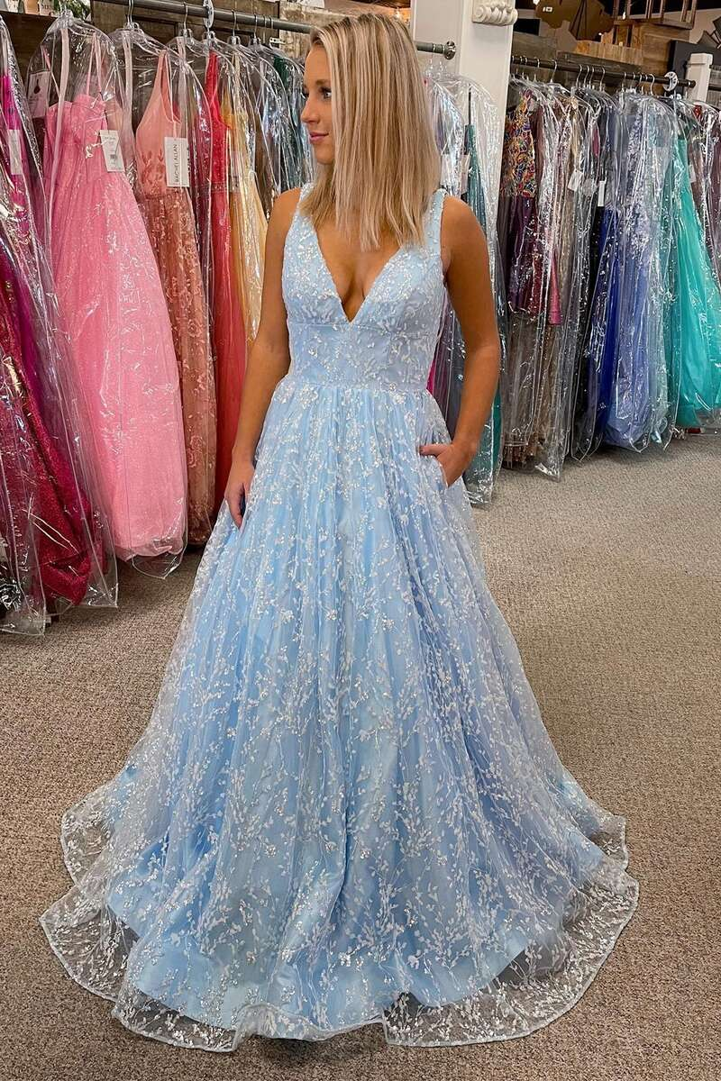 Robe de bal princesse bleu clair en dentelle, décolleté en V, dos nu, coupe trapèze, WD5763